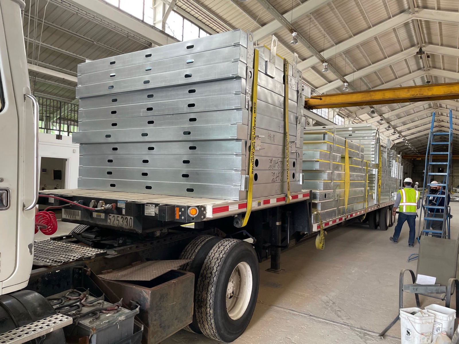 Light gauge steel profiles, studs, and panelized assemblies at the Cal Steel facility.